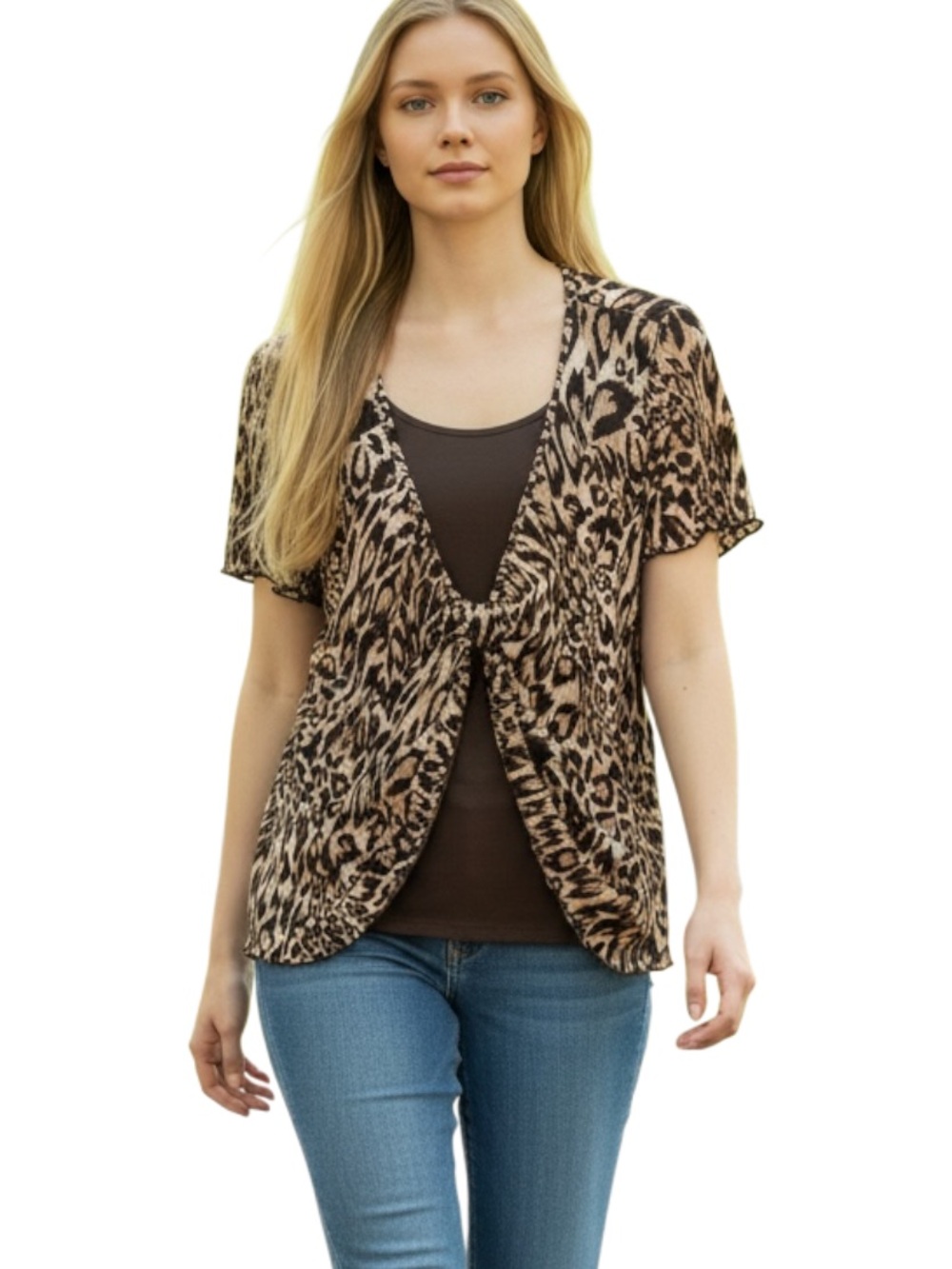 Perceptions Leopard Print Short Sleeve Twist-Front Cardigan - Brown/Tan